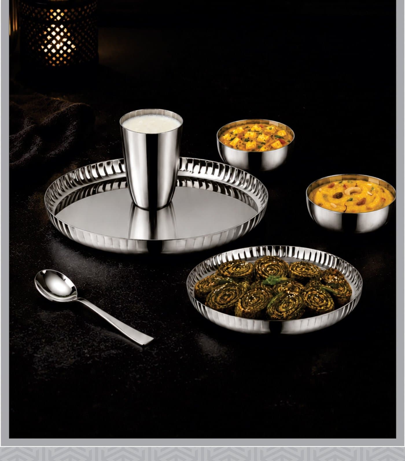 Indiwish stainless steel dinner set — plates, vati and glass plated for a meal